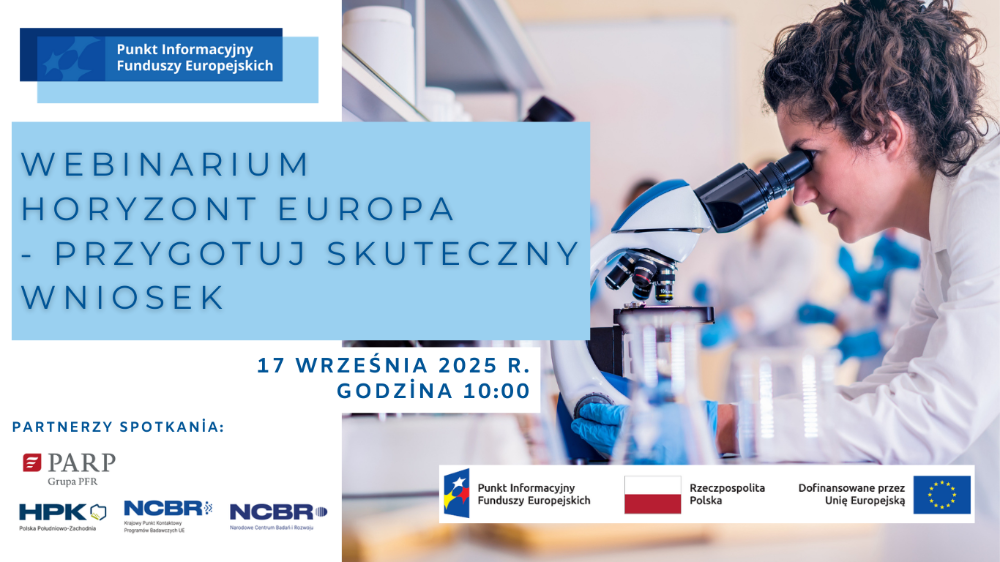 Slider webinaru "Horyzont Europa - przygotuj skuteczny wniosek"
